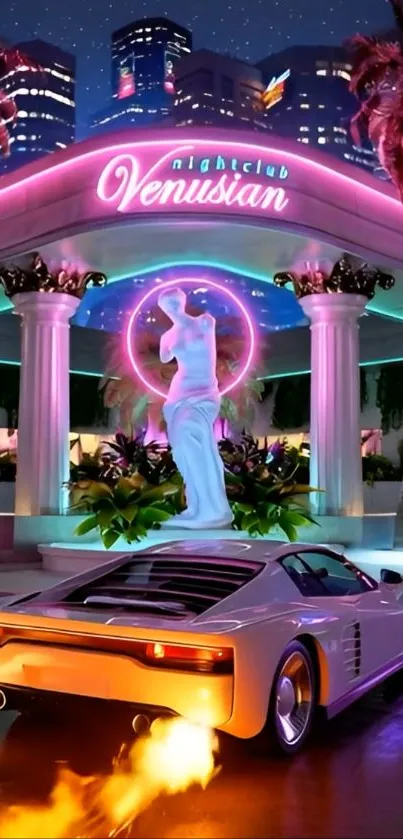 Retro nightclub with a neon ambiance and a vintage car.