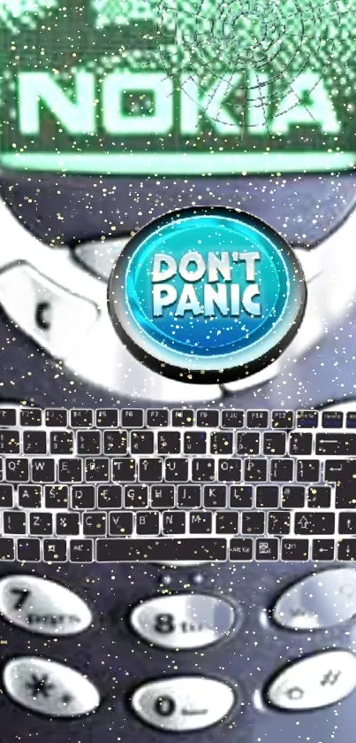 Retro Nokia phone wallpaper with 'Don't Panic' display.