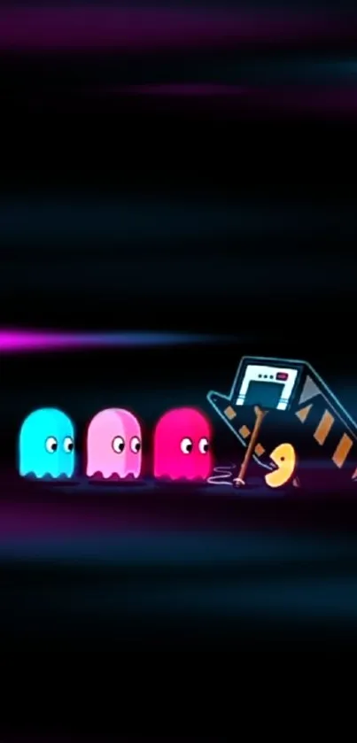 Retro Pac-Man design with colorful ghosts on a dark background.