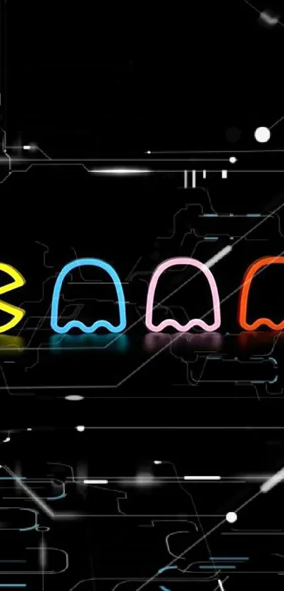 Neon Pac-Man and ghosts desktop wallpaper with black background.