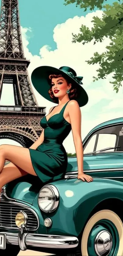 Retro woman in Paris with classic car and Eiffel Tower.