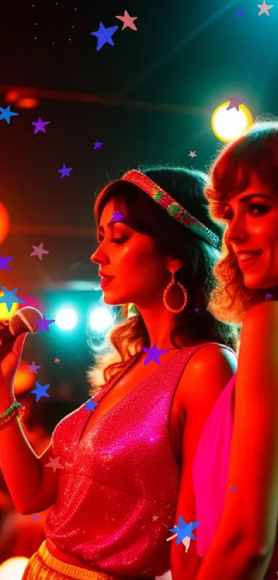 Two women at a retro disco party with vibrant lights.