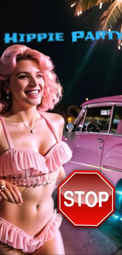 Retro party theme with pink bikini, car, neon lights, and stop sign in fun wallpaper.