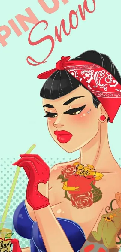 Retro pin-up art wallpaper with colorful tattoos.