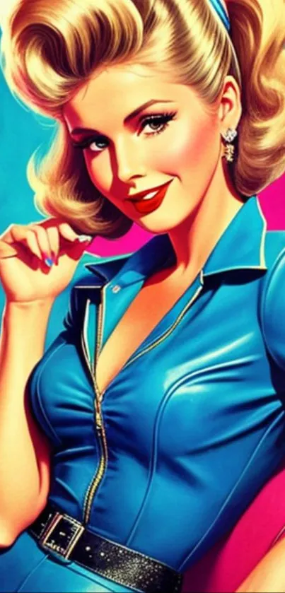 Retro pin-up girl in blue outfit with vibrant colors.