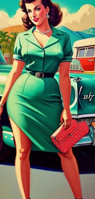 Retro pin-up style wallpaper with classic car and vibrant colors.