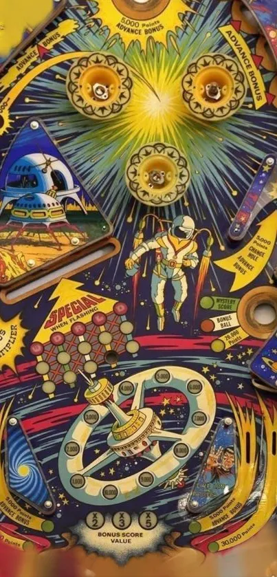 Retro pinball machine art with vibrant cosmic theme.