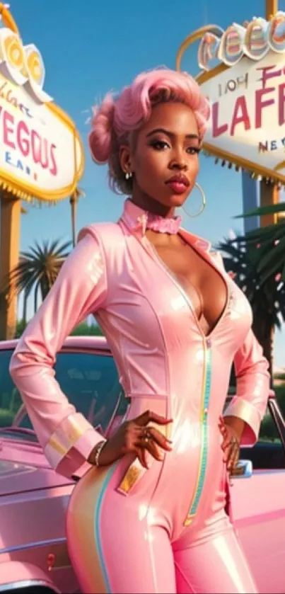Stylish woman in pink jumpsuit with Las Vegas background.