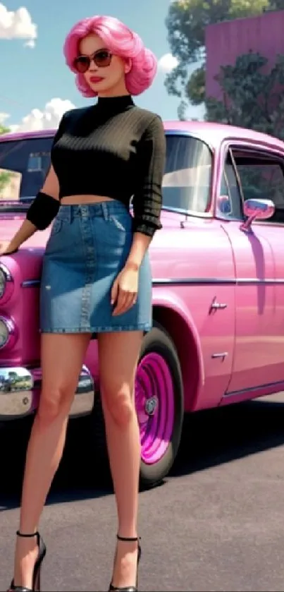 Woman with pink hair beside a vintage pink car in a retro city scene.