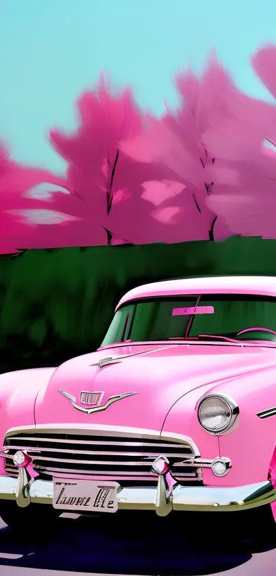 A vibrant pink vintage car by pink sunset trees.