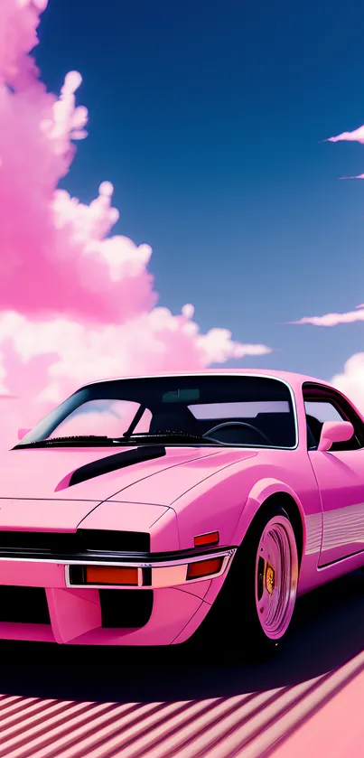 Vibrant wallpaper of a pink sports car under pink clouds, capturing a retro aesthetic.