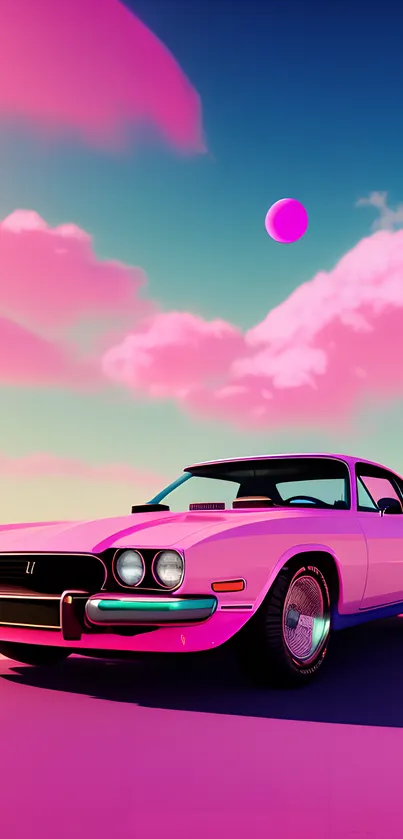 Vibrant retro car with pink sky backdrop.