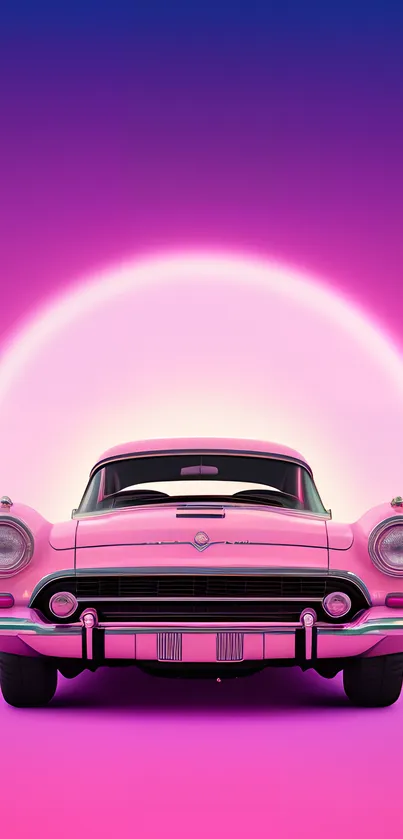 Retro pink car with glowing background in vibrant color gradient.