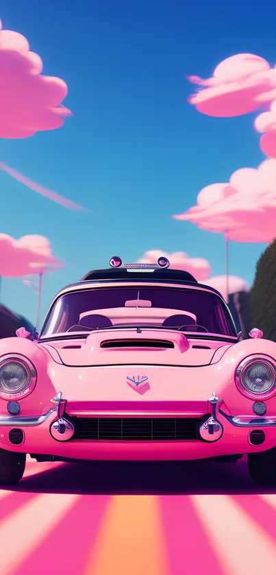 Pink retro car under cotton candy clouds mobile wallpaper.