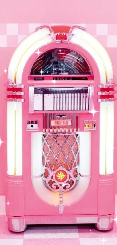 Retro pink jukebox against checkered backdrop.