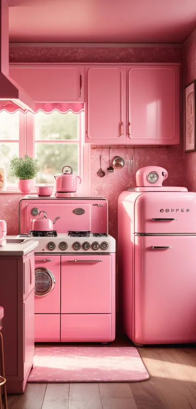 Retro styled pink kitchen with appliances.