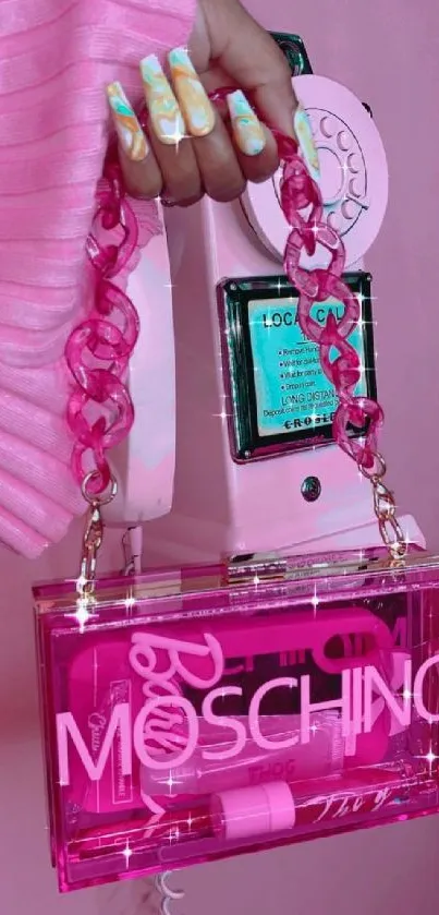 Retro phone and pink Moschino handbag in stylish wallpaper.