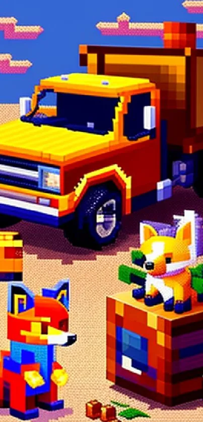 Pixel art with truck and fox characters in vibrant colors.