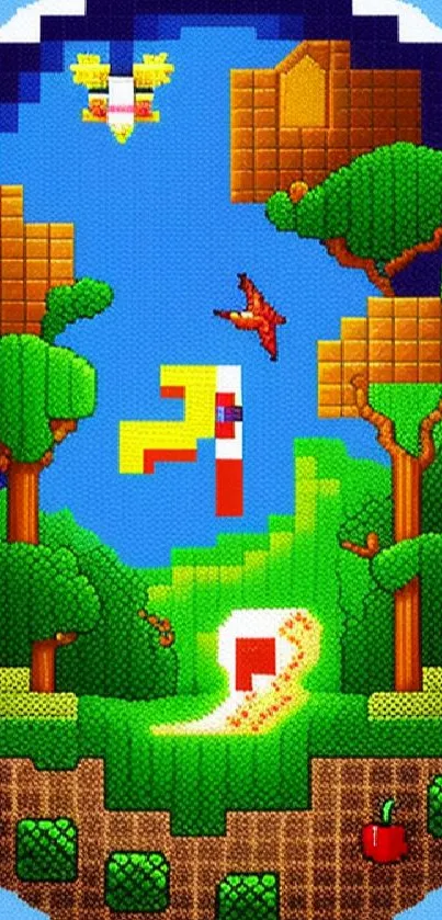 Pixel art forest wallpaper with vibrant colors and retro design.