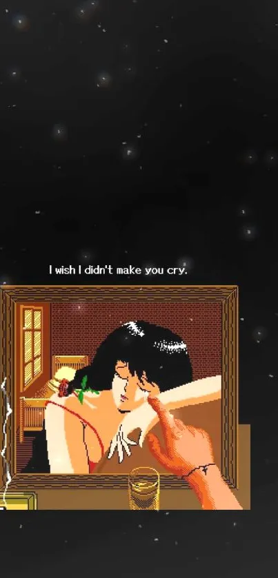 Retro pixel art with emotional scene, perfect for mobile wallpaper.