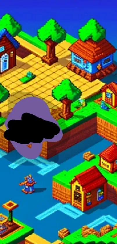 Pixel art island scene with houses and trees.