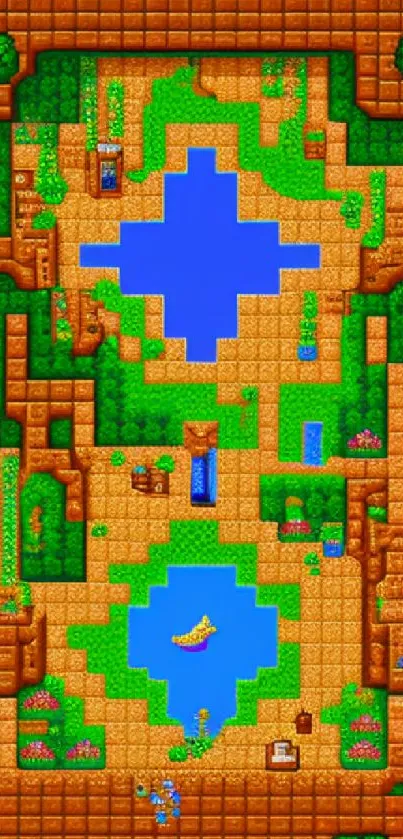 Pixel art wallpaper with lakes and green pathways.