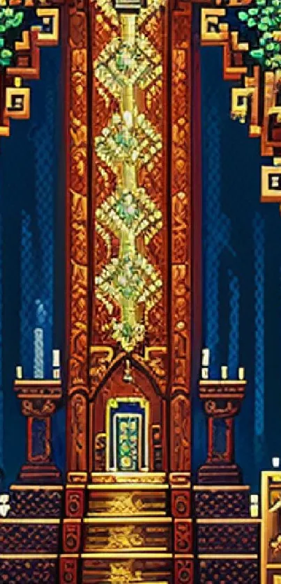 Intricate retro pixel art shrine with vibrant design on a mobile wallpaper.