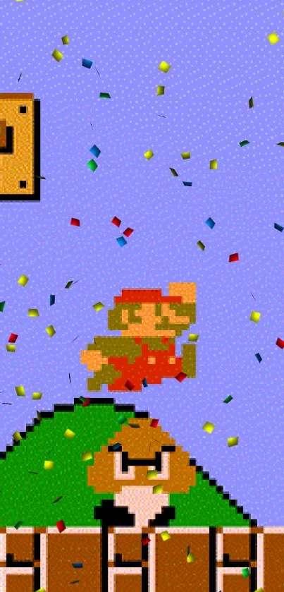 Retro pixel art with video game character and question block.