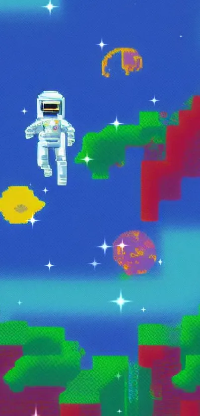 Pixel art astronaut floating in colorful cosmic space.