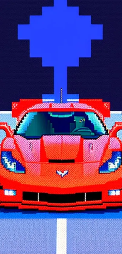 Red sports car in pixel art style on a blue background.