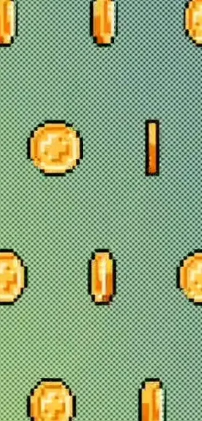 Pixel art wallpaper with golden coins on a green background.