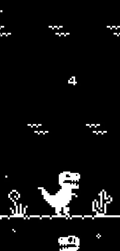 Pixelated dinosaur game wallpaper in black and white for a retro phone vibe.