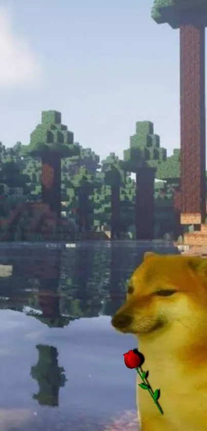 Pixel art forest with serene lake and smiling dog holding a rose.