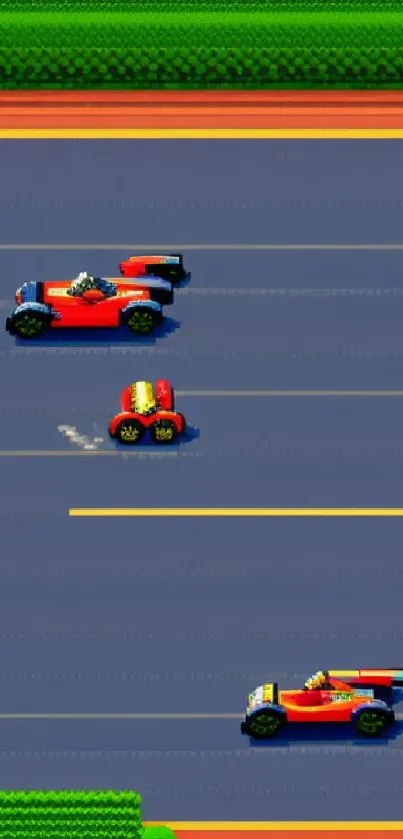 Retro pixel art racing scene with colorful vintage cars.