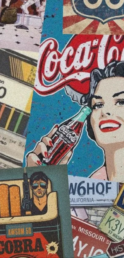 Colorful retro collage wallpaper featuring Route 66 and iconic Coca-Cola art.