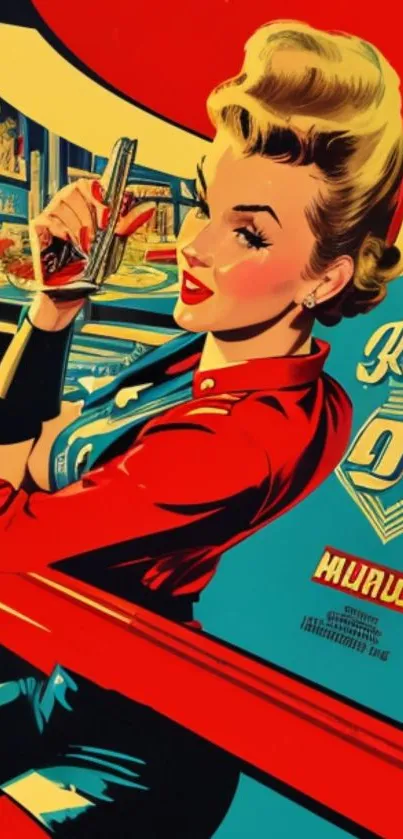 Vibrant retro pop art design with a woman in a 1950s diner setting.