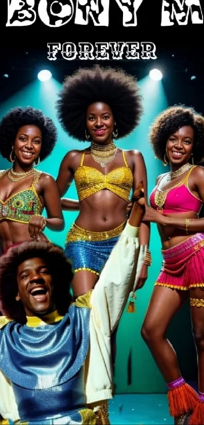 Vibrant retro dance group with afros and colorful outfits.