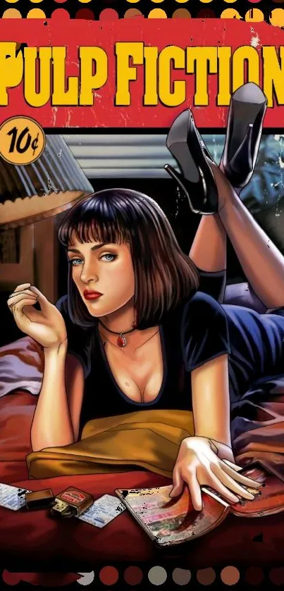 Retro Pulp Fiction wallpaper with iconic movie poster art.