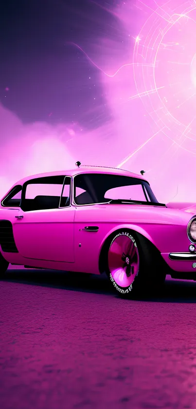 Retro purple car with cosmic background on mobile wallpaper.