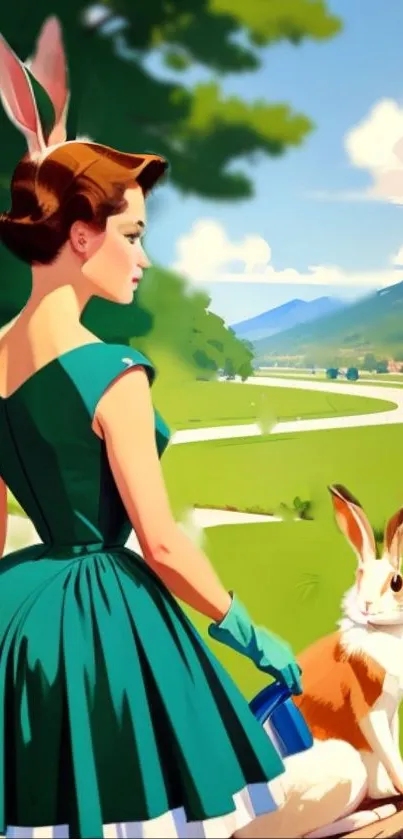 Retro lady with rabbit ears in a green landscape.