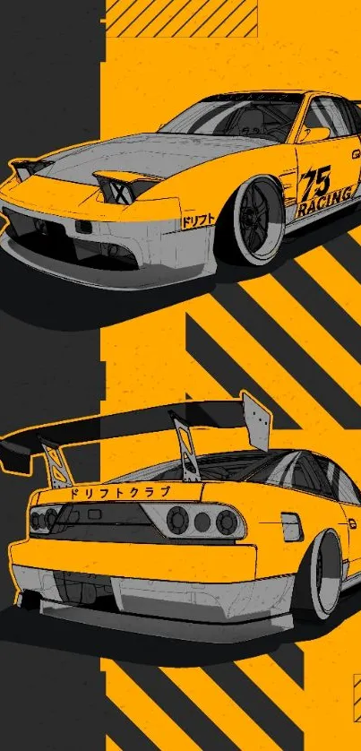 Retro racing car on vibrant yellow wallpaper.