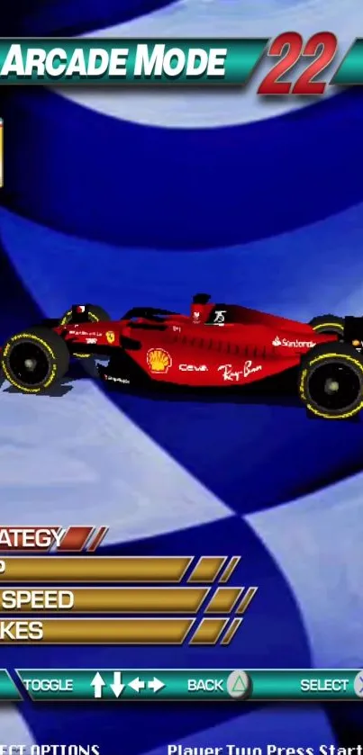 Retro Formula 1 racing car on a blue background with arcade-style graphics.