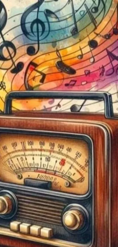 Artistic retro radio with colorful music notes