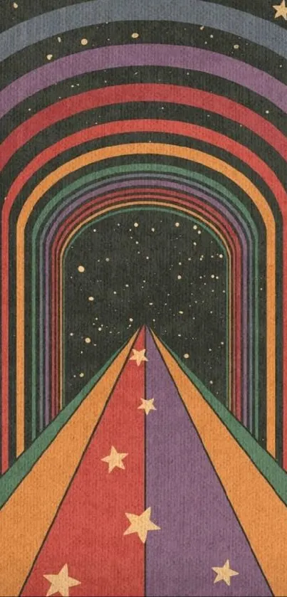 Retro rainbow path leading into a starry sky in vintage design.