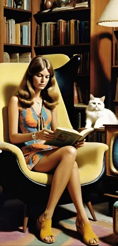 Retro reading nook with a cat and cozy chair, perfect for vintage enthusiasts.