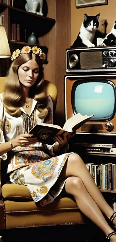 Woman reading in a retro room with a vintage TV and cats on the side.