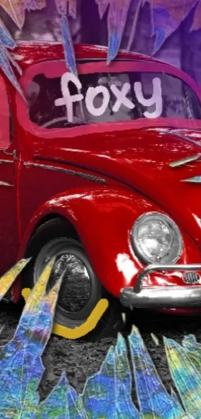 Stylized red vintage car with colorful accents.