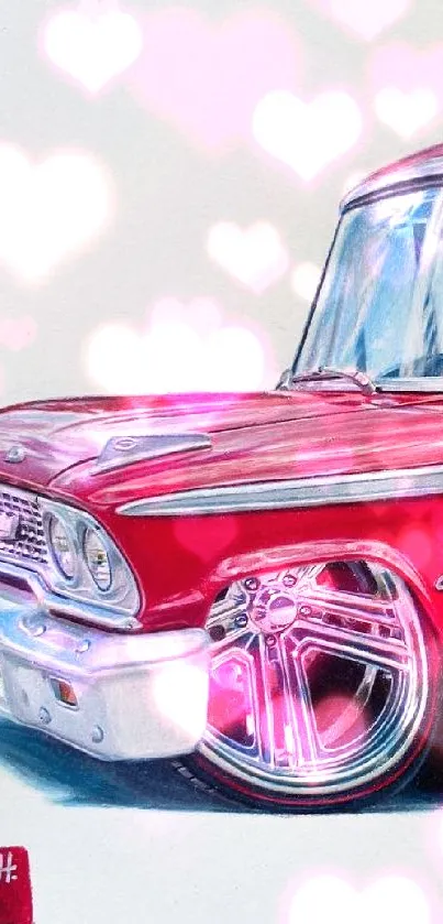 Illustration of a retro red car with chrome wheels and classic design features.