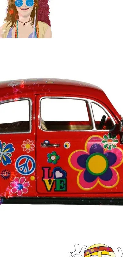 Red car with floral and peace sign decals in a retro wallpaper.