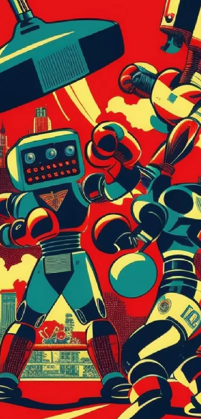 Retro robot battle illustration with bold colors and a futuristic theme.